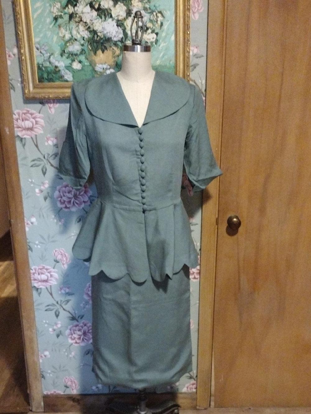Two-Piece Peplum Skirt Set in Sage Green